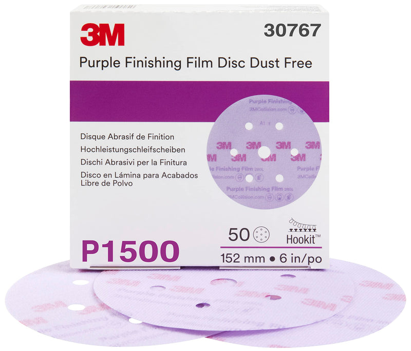 3M 30767 1500 grit Hookit Purple finishing film dust free disc 6 inches with holes, 50 pack