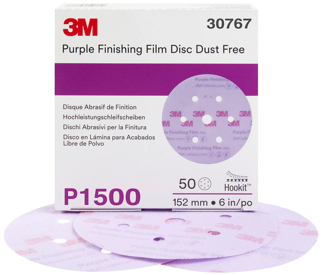 3M 30767 - 1500 Grit Hookit Purple Finishing Film Disc Dust Free (6in, 50 Pcs, Holes)