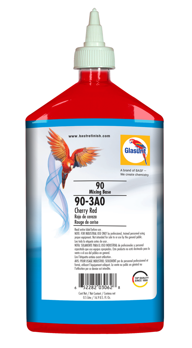 Bottle of Glasurit paint with a red and blue label on a white background