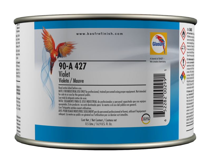 Can of paint with a colorful label featuring a parrot, brand logo, and product details.