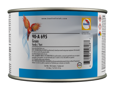 Can of paint with a colorful label featuring a parrot, on a white background