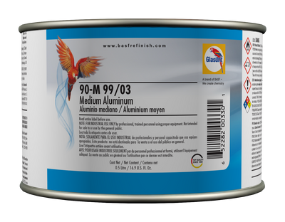 Can of medium aluminum paint with label and branding on a white background