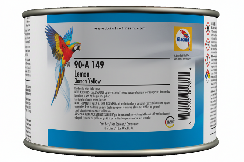 Can of paint with label showing brand and product details on a white background
