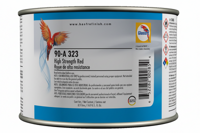 Can of high strength red paint with label on a white background