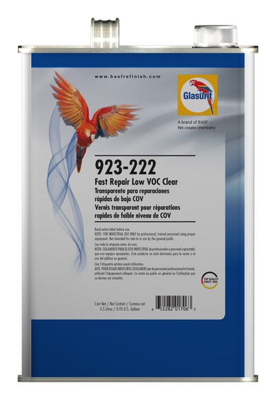 Glasurit 923-222 fast repair low VOC clear coat container with colorful parrot illustration on label.