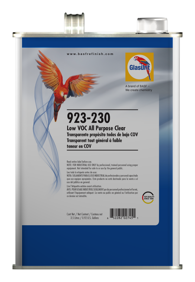 Can of Glasurit 923-230 Low VOC All Purpose Clear on a white background