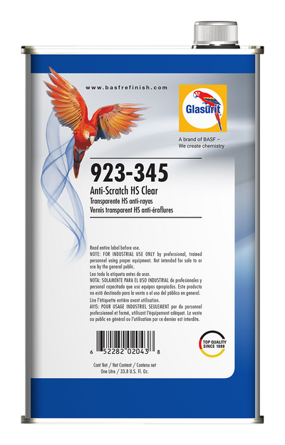 Glasurit 923-345 anti-scratch HS clear coat can with colorful parrot illustration on label