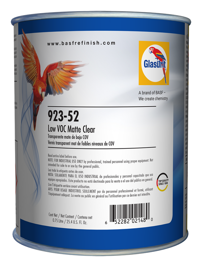 Can of Glasurit 923-52 Low VOC Matte Clear paint with branding and product details.