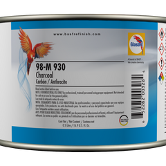 Can of paint with a label featuring branding and product details on a white background