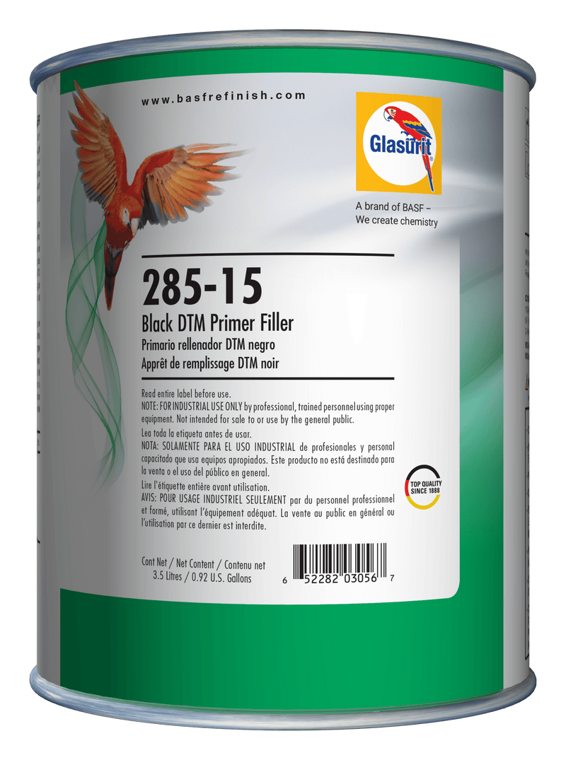 Can of Glasurit 285-15 Black DTM Primer Filler with label on a green background