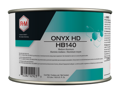 Can of R-M Onyx HD HB140 paint with label on a white background