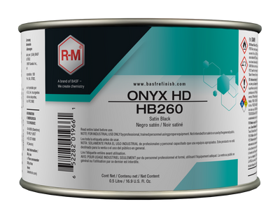Can of R-M Onyx HD HB260 paint with label on a white background
