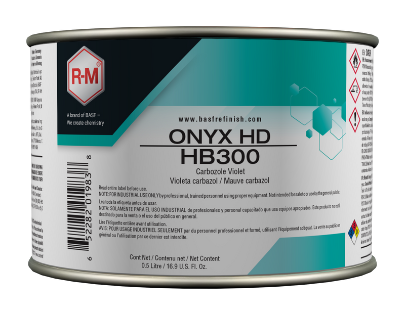 Can of R-M ONYX HD HB300 paint with label on a white background