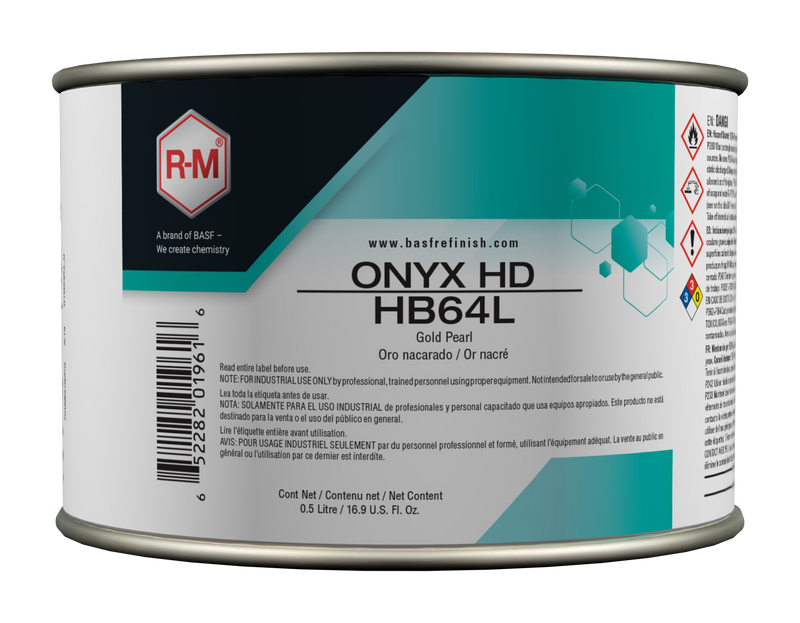 R-M brand paint can with 'Onyx HD HB64L' label on a white background