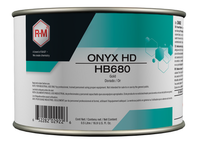 Can of R-M Onyx HD HB680 Gold paint on a white background