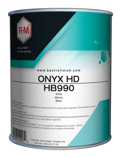 Can of R-M Onyx HD HB990 paint with teal and black design