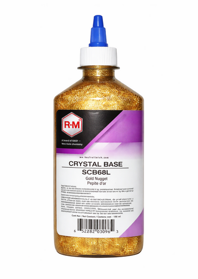 Bottle of RM Crystal Base with gold glitter on a white background