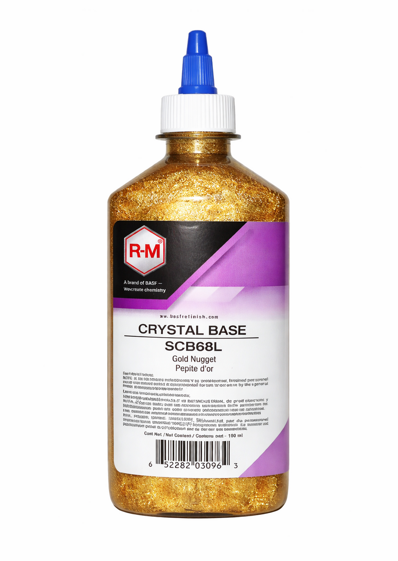 Bottle of RM Crystal Base with gold glitter on a white background