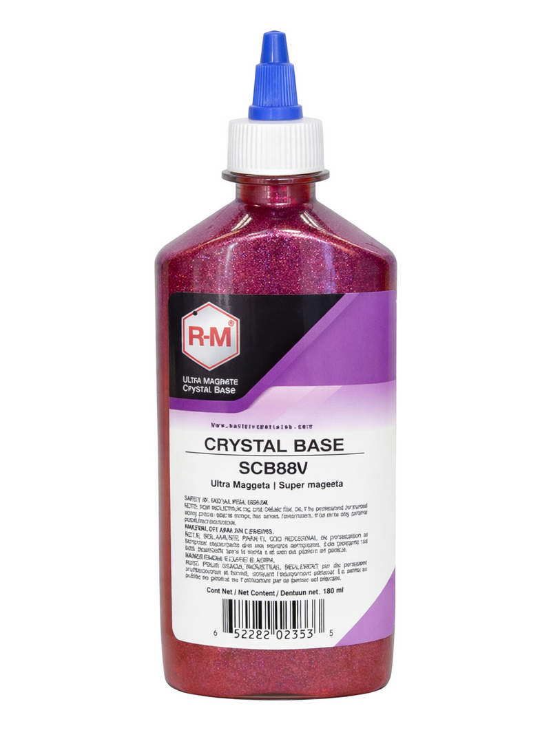 Bottle of RM Crystal Base with purple liquid on a white background